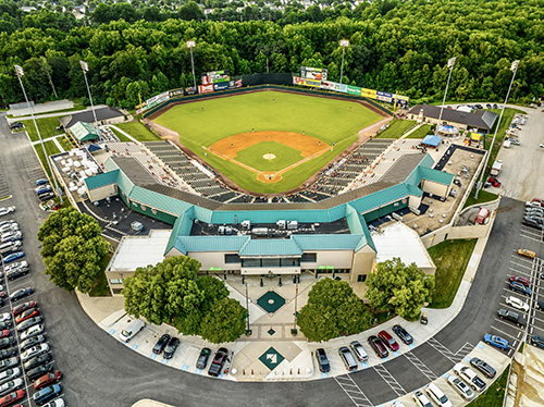 Bowie, MD, Bowie Baysox Prince George's Stadium in Bowie, MD. The image is an aerial image taken from a drone above the stadium.